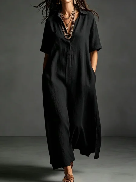 

Women Plain Summer Dress Shirt Collar Short Sleeve T-Shirt Dress A-Line Dress, Black, Dresses