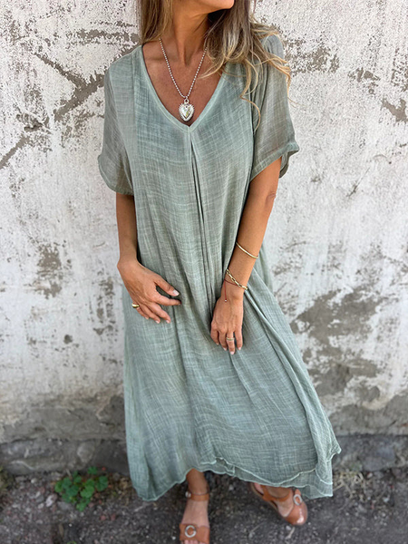 

Women Plain Summer Dress V Neck Short Sleeve T-Shirt Dress H-Line Dress, Green, Dresses