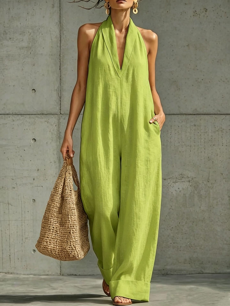

Women Plain Halter Neck Sleeveless Casual Summer Cotton Jumpsuit, Green, Jumpsuits&Rompers