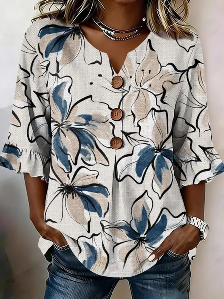 

V Neck Half Sleeve Floral Printing Regular Micro-Elasticity Regular Fit Blouse For Women, As picture, Blouses
