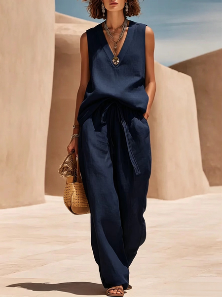 

Women Plain Two-Piece Set Daily Sleeveless Casual Summer Top With Pants Matching Set, Navyblue, Sets