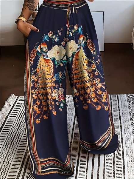 Women Floral Long Elastic Waist Pants Casual Spring/Fall Trousers
