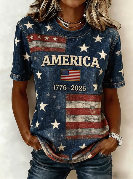 Women Independence Day (Flag) Short Sleeve Tee 4th of July Patriotic Shirt Crew Neck Printing Casual Graphic Tee Summer Top