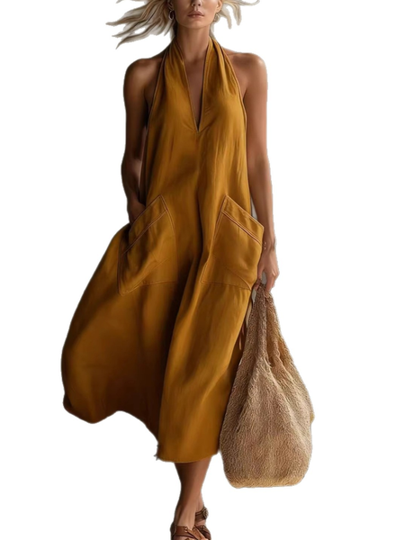 

Women Plain Summer Dress V Neck Sleeveless Tank A-Line Dress, Yellow, Dresses