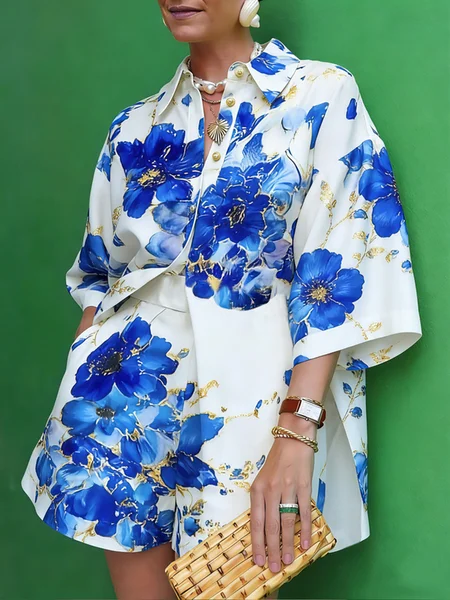 Elegant Floral Printing Shirt Collar Shirt