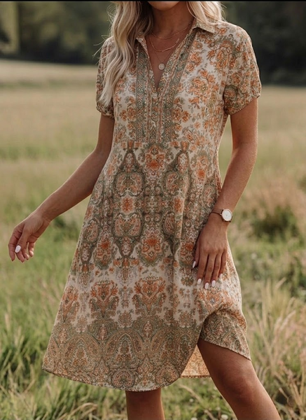 

Women Floral All Season Dress Shirt Collar Short Sleeve Shirt Dress A-Line Dress, As picture, Dresses