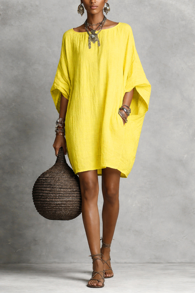 

Women Plain Spring/Fall Dress Boat Neck Three Quarter Sleeve H-Line Dress, Yellow, Dresses
