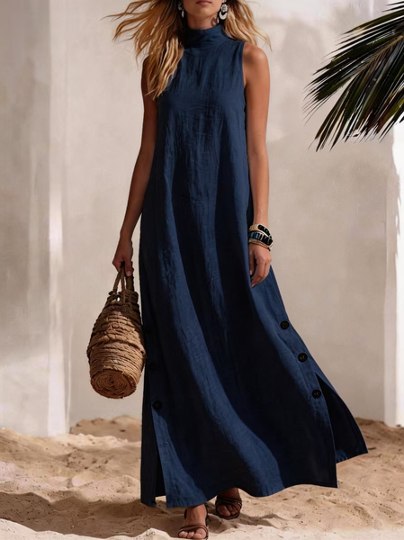 

Women Color Block Summer Buttoned Dress Mock Neck Sleeveless Tank A-Line Dress, Navyblue, Dresses