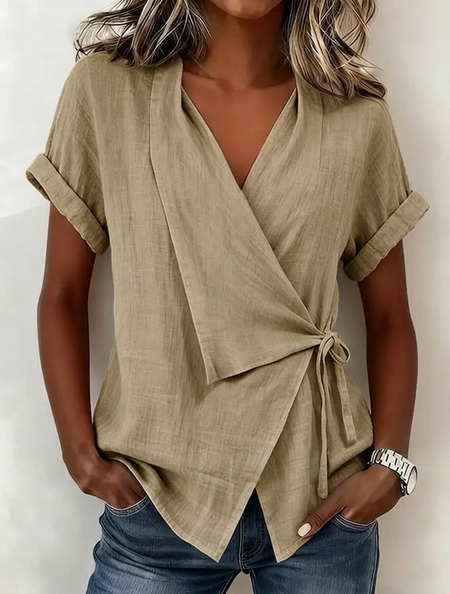 

V Neck Short Sleeve Plain Regular Loose Blouse For Women, Khaki, Blouses