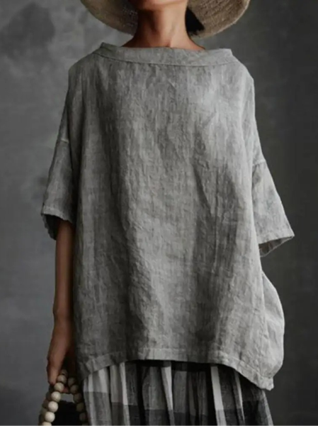

Crew Neck Half Sleeve Plain Regular Loose Blouse For Women, Gray, Blouses