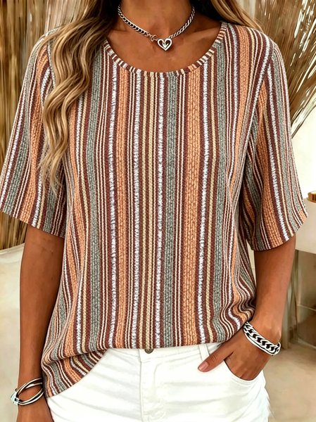 

Casual Striped Crew Neck Short Sleeve T-shirt, Orange, T-shirts
