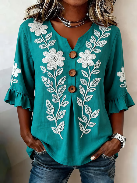 V Neck Half Sleeve Floral Printing Regular Micro-Elasticity Regular Fit Blouse For Women