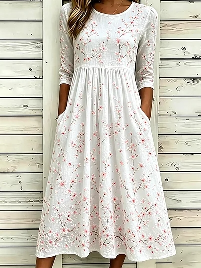 

Women Floral Summer Dress Crew Neck Half Sleeve A-Line Dress, White, Dresses