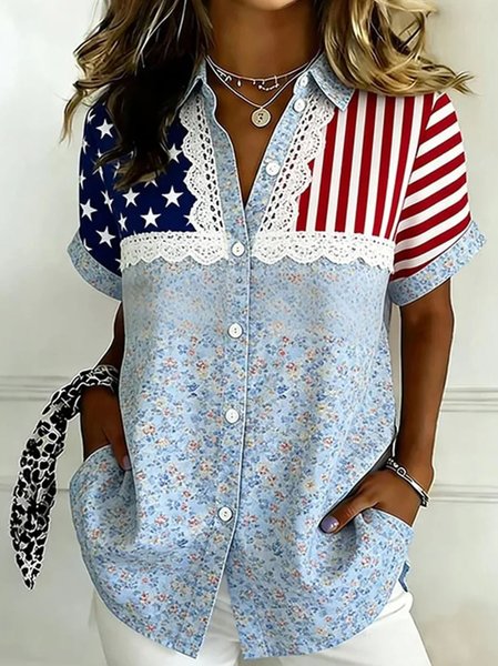 

Shawl Collar Short Sleeve Striped Regular Loose Shirt For Women, As picture, Shirts