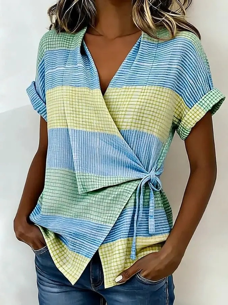 V Neck Short Sleeve Geometric Regular Regular Fit Blouse For Women