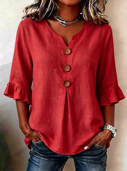 V Neck Half Sleeve Plain Peplum Regular Micro-Elasticity Regular Fit Blouse For Women
