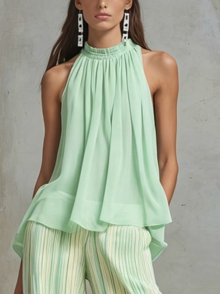 

Casual Plain Stand Collar Tank Top, Green, Tanks and Camis