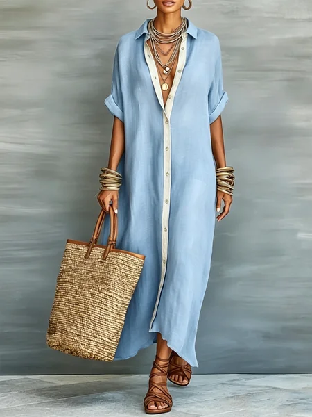 Casual Colorblock Relaxed Maxi Shirt Dress