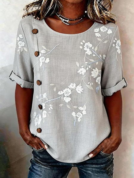 

Crew Neck Short Sleeve Floral Lightweight Loose Shirt For Women, Gray, Blouses