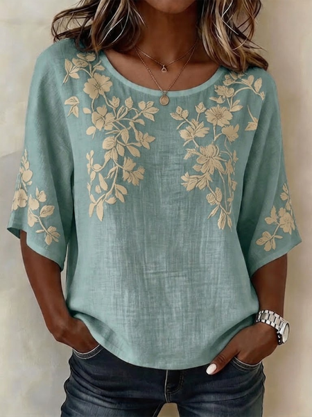 

Crew Neck Half Sleeve Floral Lightweight Loose Shirt For Women, Cyan, Blouses