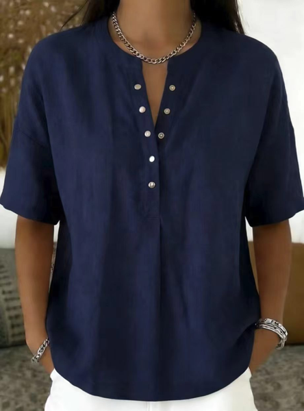 Crew Neck Short Sleeve Plain Regular Loose Blouse For Women