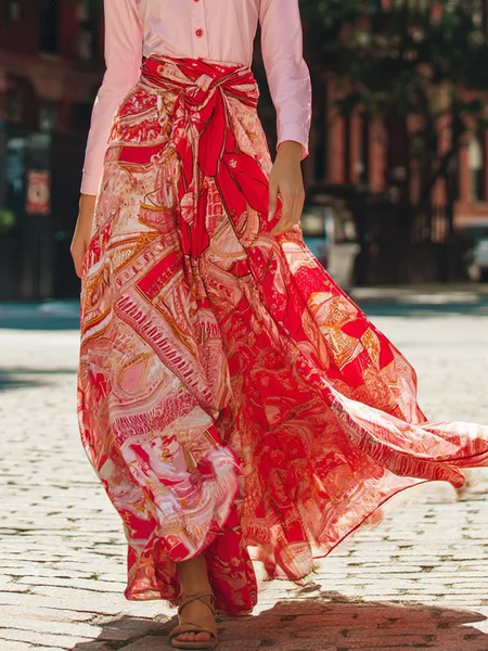 Vacation 3D Printing Maxi Skirt With Belt