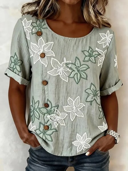 Crew Neck Short Sleeve Floral Lightweight Loose Shirt For Women