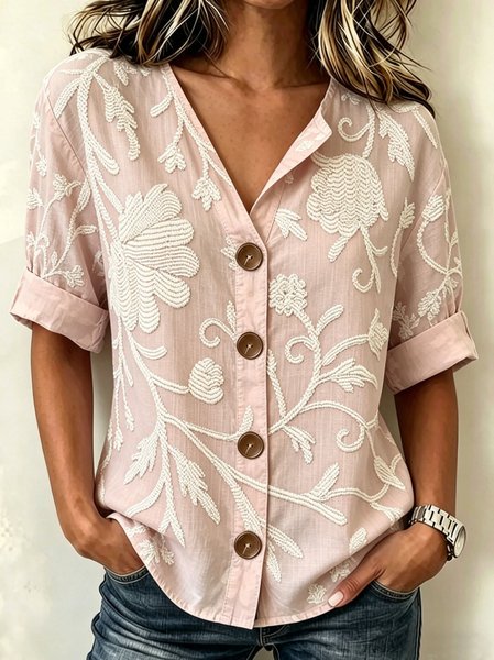 Stand Collar Three Quarter Sleeve Floral Pattern Regular Loose Shirt For Women