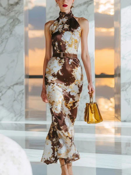 Elegant Random Print Printing Mock Neck Midi Dress With Belt