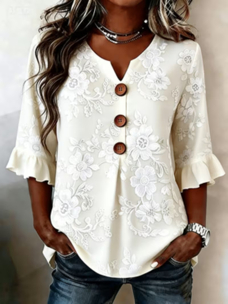 

V Neck Half Sleeve Floral Printing Regular Micro-Elasticity Regular Fit Blouse For Women, White, Blouses