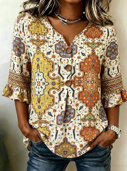 V Neck Half Sleeve Ethnic Patterns Regular Regular Fit Blouse For Women