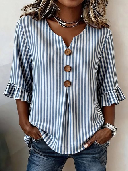 

V Neck Half Sleeve Striped Regular Regular Fit Blouse For Women, Blue, Blouses