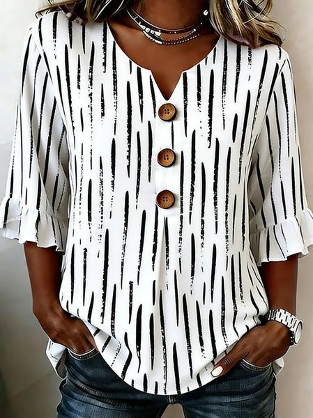 V Neck Half Sleeve Striped Regular Regular Fit Blouse For Women
