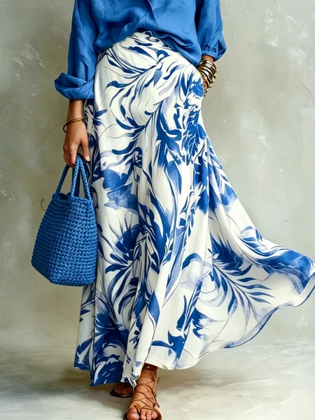 Elegant Printing Botanical Pattern Maxi Skirt