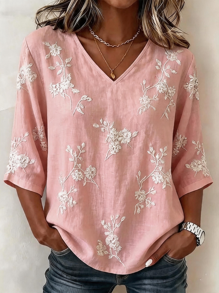 Crew Neck Half Sleeve Floral Lightweight Loose Shirt For Women