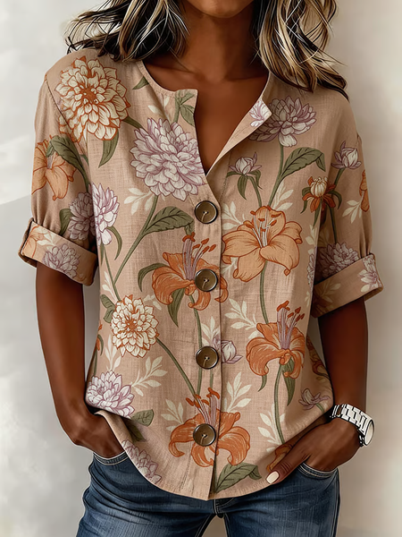 

Women Floral Stand Collar Long Sleeve Shirt Buckle Casual Daily Spring/Fall Top, As picture, Shirts