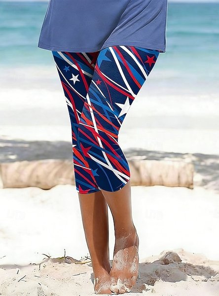 

Women Striped Capris Elastic Waist Pants Casual Summer Trousers, Navyblue, Leggings