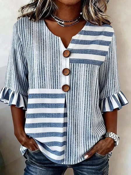 

V Neck Half Sleeve Striped Regular Regular Fit Blouse For Women, Blue, Blouses