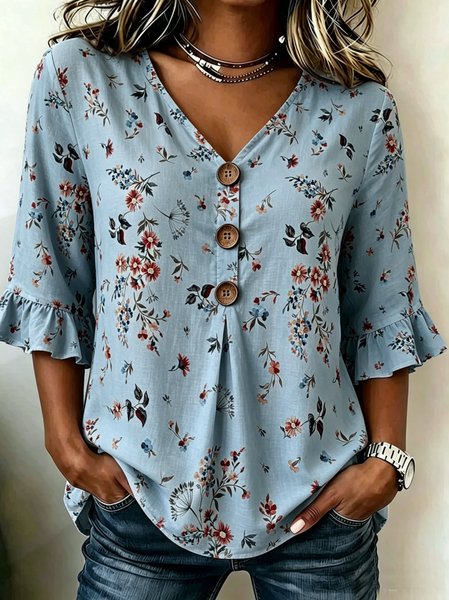 V Neck Half Sleeve Floral Regular Regular Fit Blouse For Women