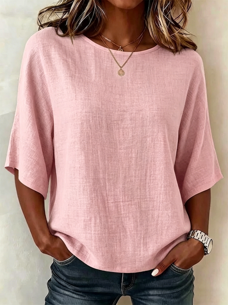 

Women Plain Crew Neck Half Sleeve Blouse Printing Vintage Daily Summer Top, Pink, Blouses