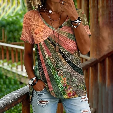 

Vintage Geometric V Neck Short Sleeve T-shirt, Orange, T-shirts