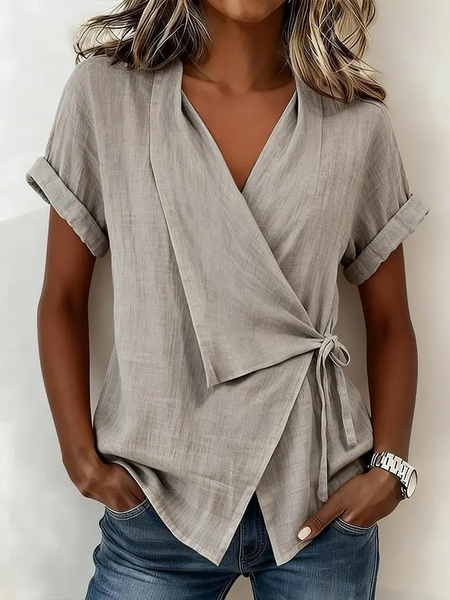 V Neck Short Sleeve Botanical Pattern Regular Regular Fit Blouse For Women