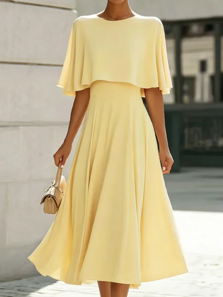 

Elegant Plain Crew Neck Midi Dress, Light yellow, Cocktail Dresses