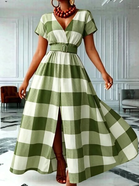Elegant Plaid Lace V Neck Maxi Dress