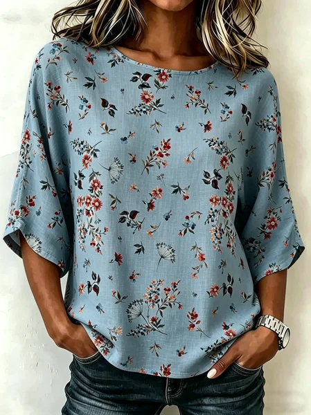 

Crew Neck Half Sleeve Floral Regular Loose Blouse For Women, Blue, Blouses