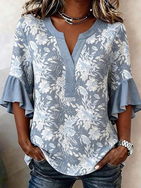 

V Neck Half Sleeve Floral Regular Loose Blouse For Women, Blue, Blouses