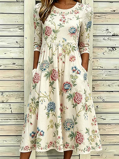 

Women Floral Summer Dress Crew Neck Half Sleeve A-Line Dress, Apricot, Dresses