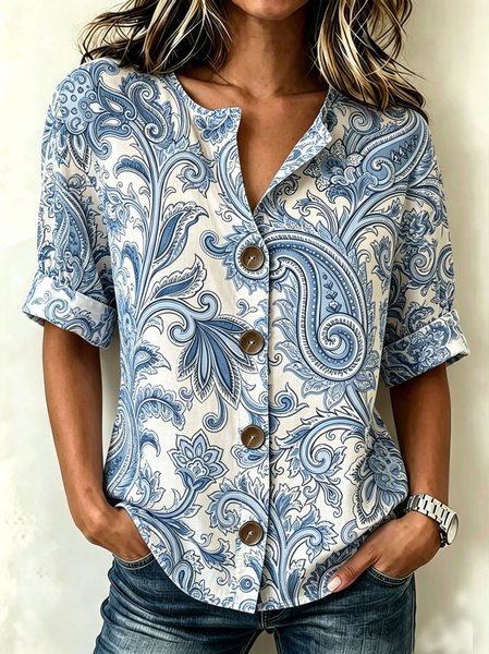 

Stand Collar Three Quarter Sleeve Paisley Regular Loose Shirt For Women, Apricot, Shirts