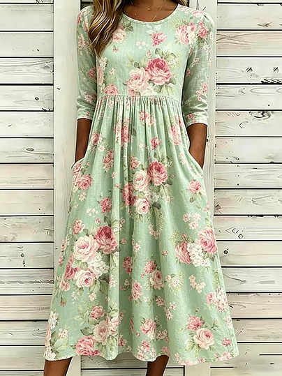 

Women Floral Summer Dress Crew Neck Half Sleeve A-Line Dress, Green, Dresses