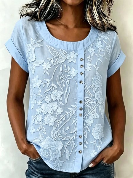 

Crew Neck Short Sleeve 3D Printing Regular Loose Blouse For Women, Sky blue, Blouses